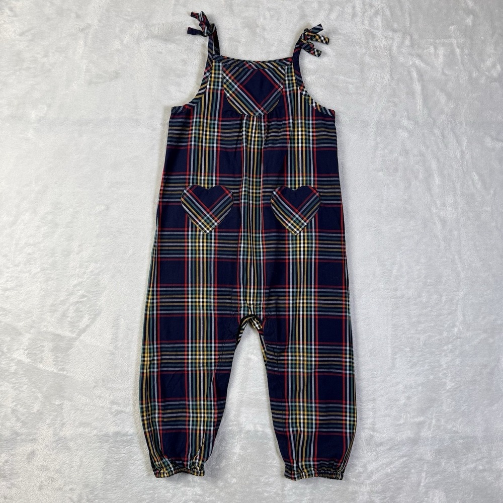 Hanna Andersson Chalkboard Plaid Heart Overalls Romper Size 3T 90 cm‎ Blue Red